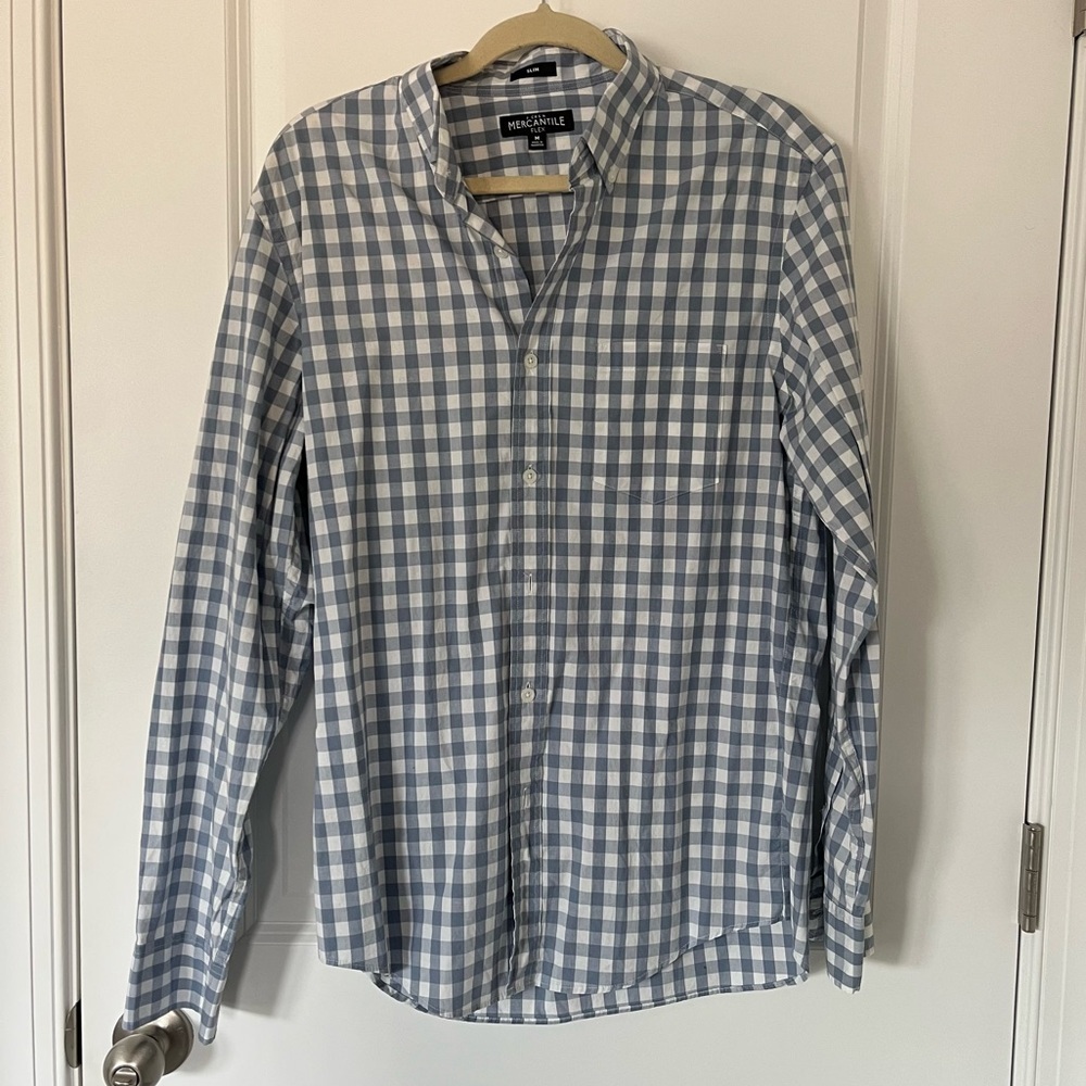 J.Crew Mens Medium Slim Light Blue Gray Long Sleeve Gingham Checkered Button Up